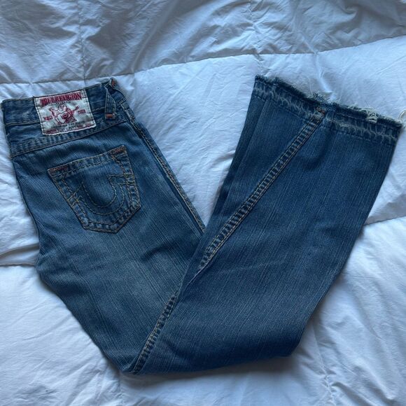 True Religion Bobby Super T Jeans 29 Made in USA Distressed Raw Hem Thick Stitch - Picture 3 of 14